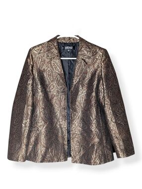 Kasper Petite Metallic Bronze Paisley Blazer Gold Jacquard Brocade Boho Jacket